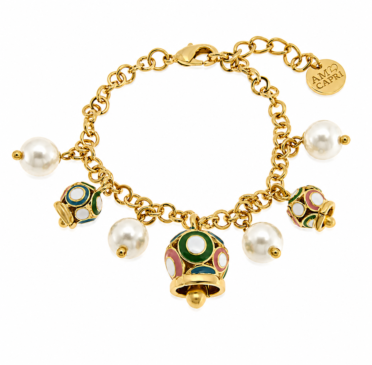 Amo Capri - Bracciale in Metallo sfere bianche campanelle multicolor