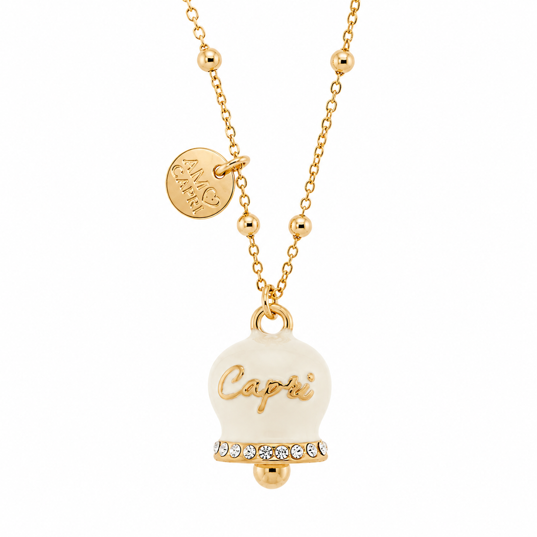 Amo Capri - Collana in Metallo con campanella grande bianca e scritta Capri impreziosito da cristalli bianchi