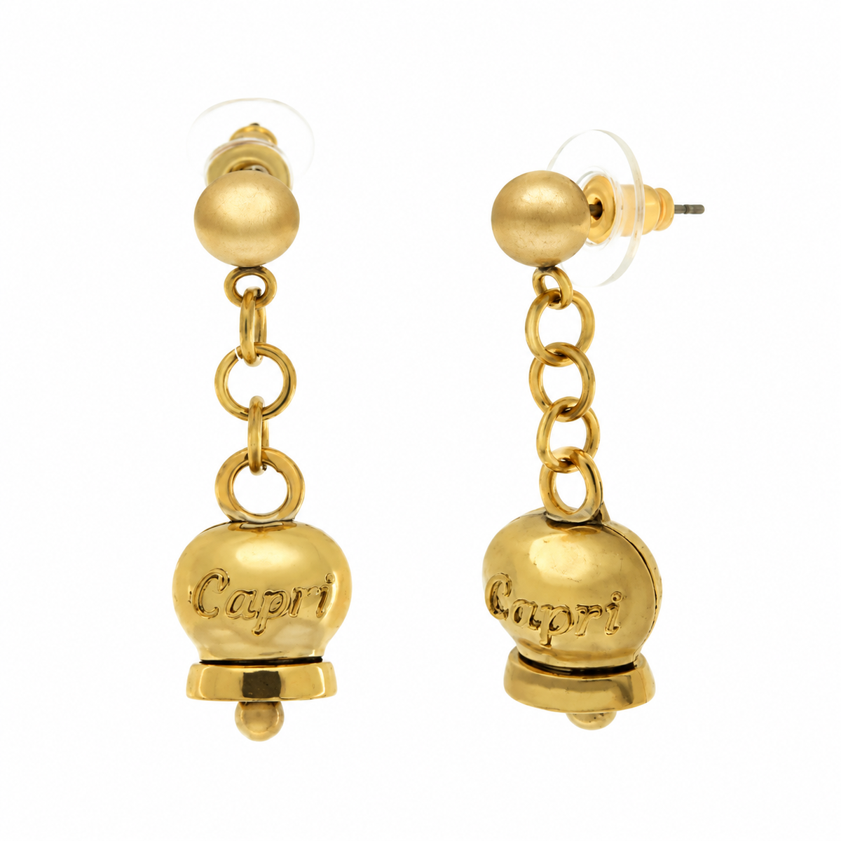 Amo Capri - Orecchini in Acciaio con campanella pendente placcata oro con scritta Capri