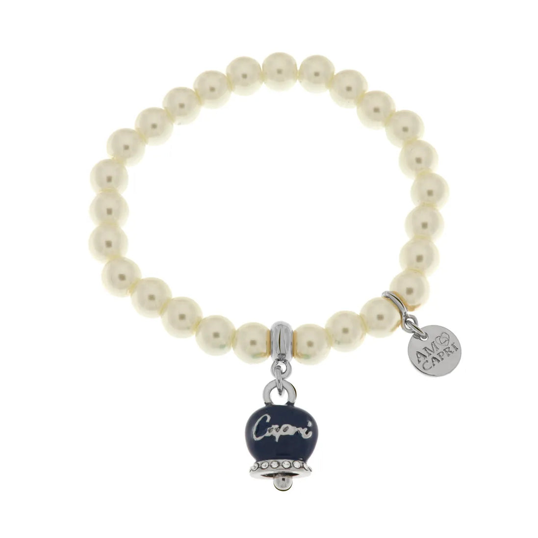 Amo Capri - Bracciale in Metallo Bracciale in Metallo con perle e campanella portafortuna in smalto blu con scritta Capri