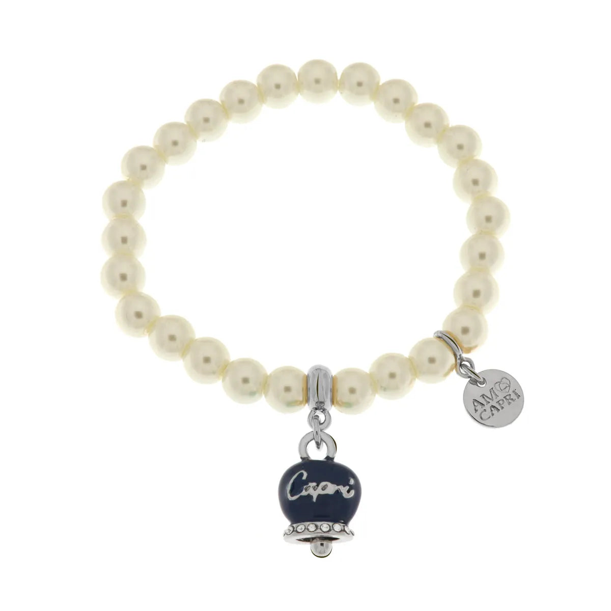 Amo Capri - Bracciale in Metallo Bracciale in Metallo con perle e campanella portafortuna in smalto blu con scritta Capri