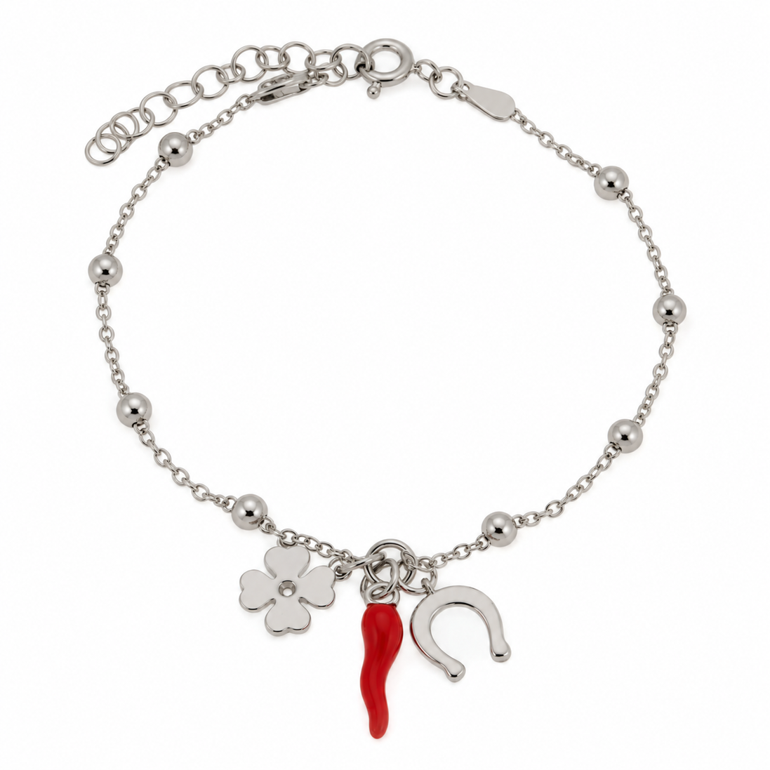 Bysimon - Bracciale in Argento 925 con corno rosso, quadrifoglio e ferro di cavallo