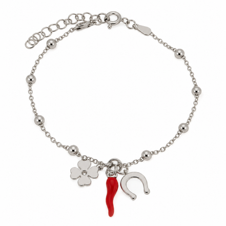 Bysimon - Bracciale in Argento 925 con corno rosso, quadrifoglio e ferro di cavallo