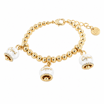 Amo Capri - Bracciale in Metallo maglia a sfere, con tre campanelle portafortuna smaltate bianche e cristalli
