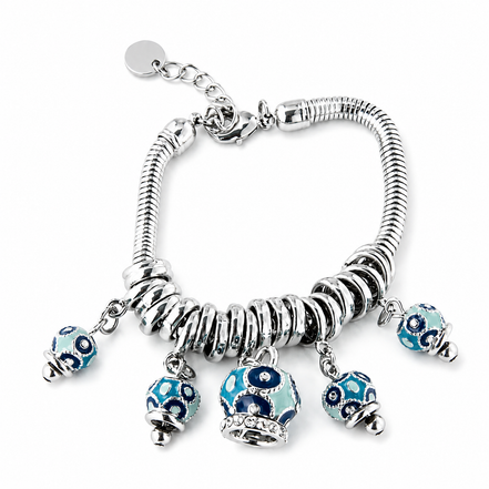 AMO CAPRI - Bracciale in Metallo multiciondoli pendenti con campanelle azzurre e cristalli luminosi