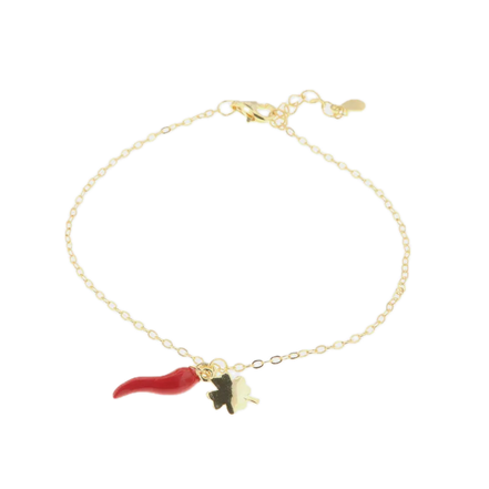 BYSIMON - Bracciale in Argento 925 con cornetto portafortuna impreziosito da smalto rosso e quadrifoglio