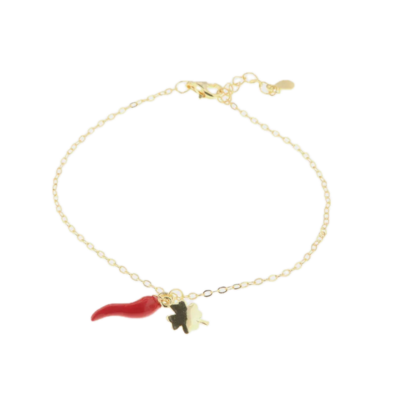 BYSIMON - Bracciale in Argento 925 con cornetto portafortuna impreziosito da smalto rosso e quadrifoglio