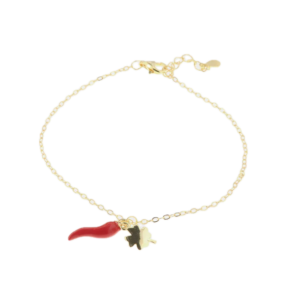 BYSIMON - Bracciale in Argento 925 con cornetto portafortuna impreziosito da smalto rosso e quadrifoglio