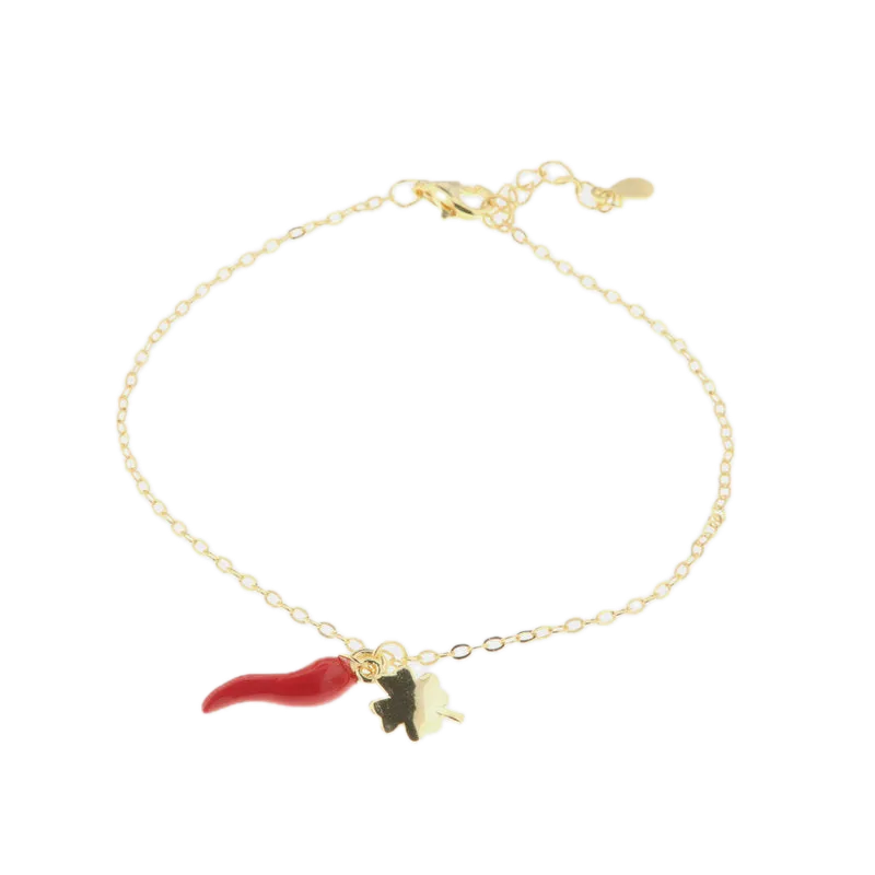 BYSIMON - Bracciale in Argento 925 con cornetto portafortuna impreziosito da smalto rosso e quadrifoglio