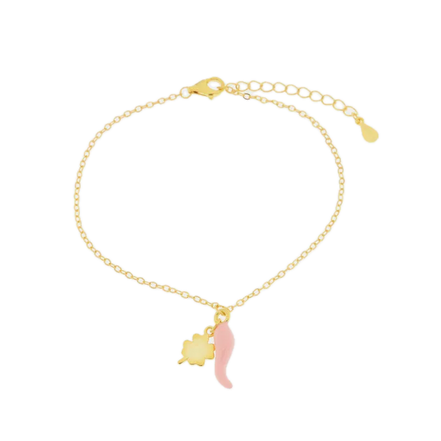 BYSIMON - Bracciale in Argento 925 con cornetto portafortuna rosa e quadrifoglio