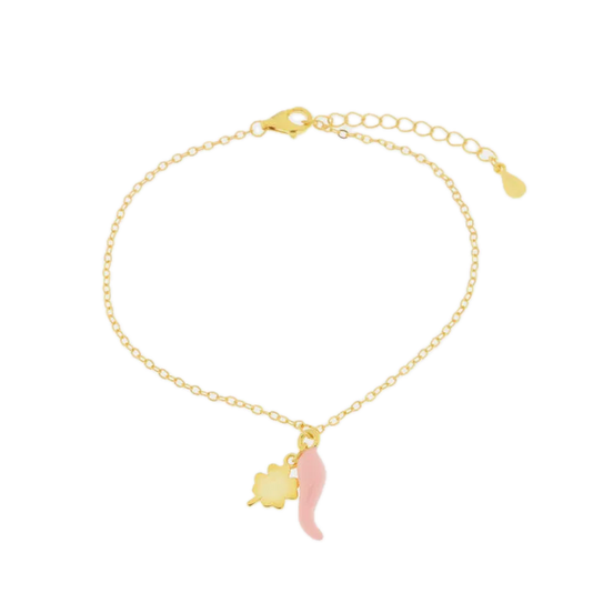 BYSIMON - Bracciale in Argento 925 con cornetto portafortuna rosa e quadrifoglio