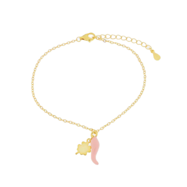BYSIMON - Bracciale in Argento 925 con cornetto portafortuna rosa e quadrifoglio