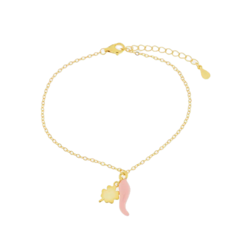 BYSIMON - Bracciale in Argento 925 con cornetto portafortuna rosa e quadrifoglio