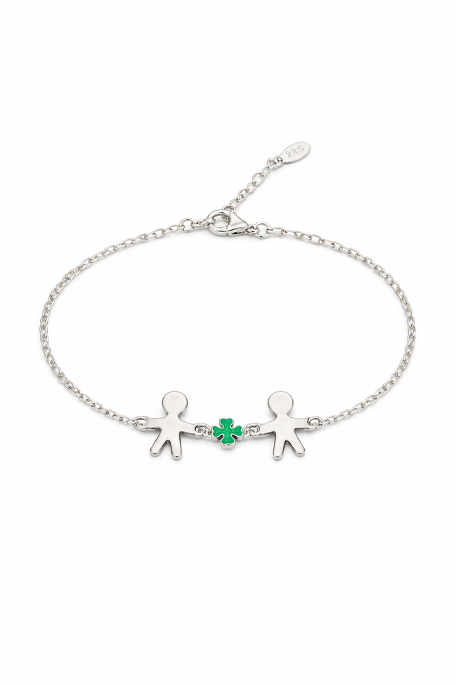 fico gioielli - Bracciale Due Bambini con Quadrifoglio in Argento 925