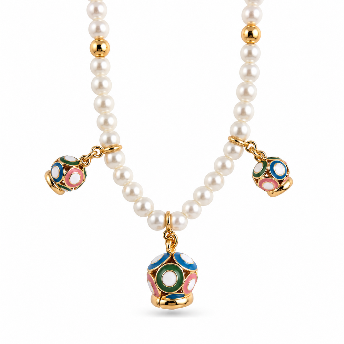 Amo Capri - Collana in Metallo con filo di sfere bianche e campanella multicolore
