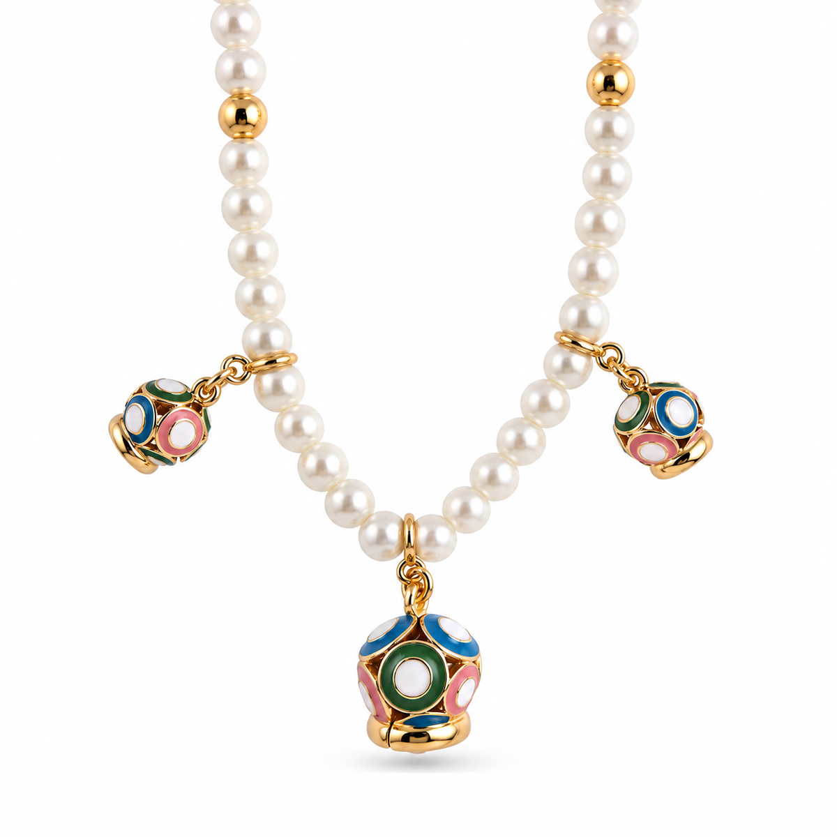 Amo Capri - Collana in Metallo con filo di sfere bianche e campanella multicolore