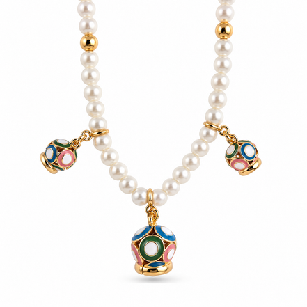 Amo Capri - Collana in Metallo con filo di sfere bianche e campanella multicolore
