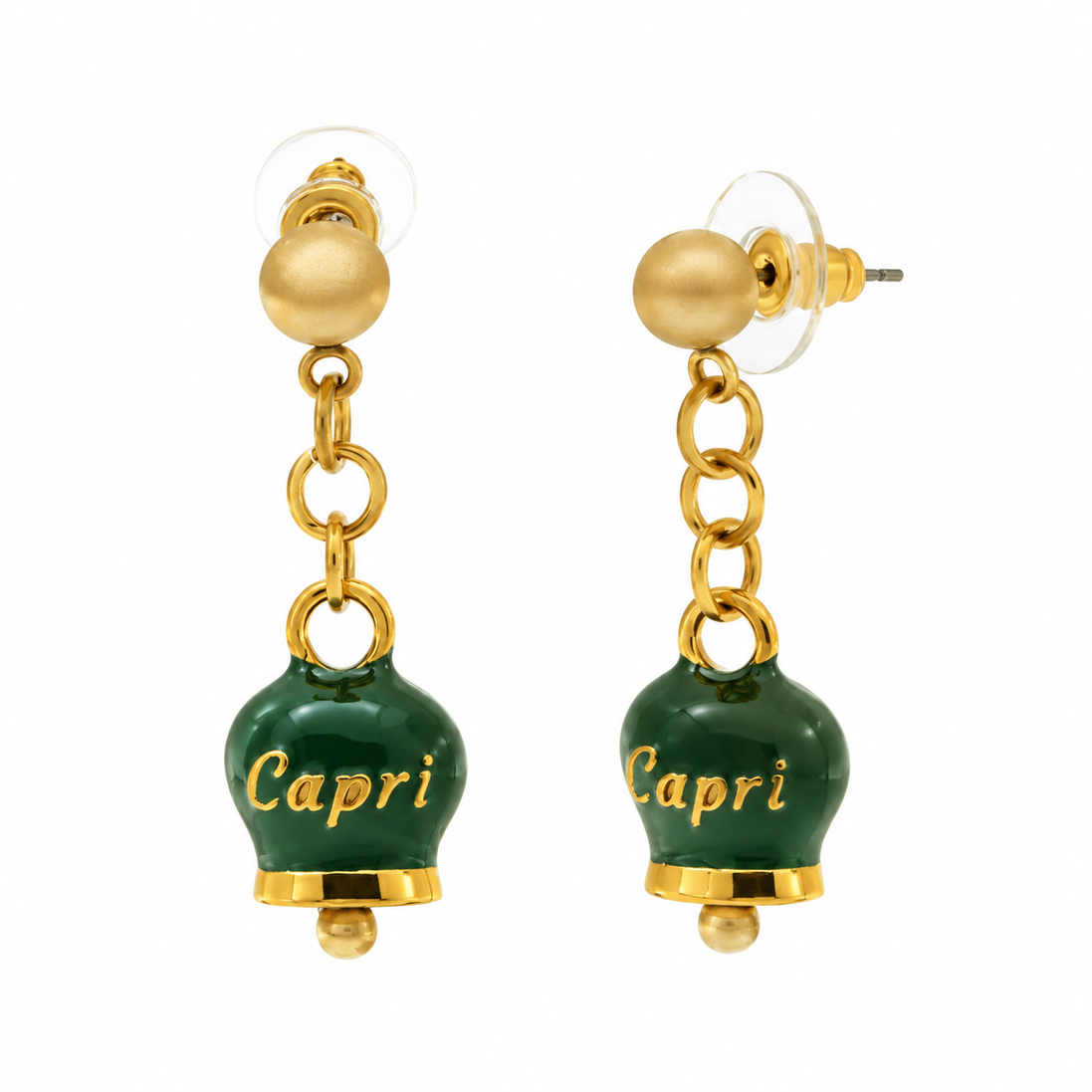 Amo Capri - Orecchini in Acciaio con campanella pendente verde placcata oro con scritta Capri
