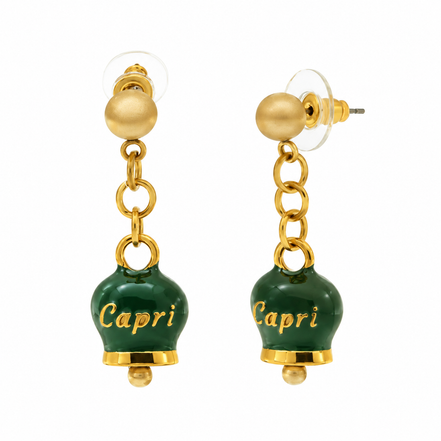Amo Capri - Orecchini in Acciaio con campanella pendente verde placcata oro con scritta Capri