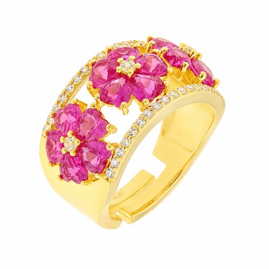 BYSIMON -  Anello in Argento 925 con fiori di cristalli rosa e zirconi