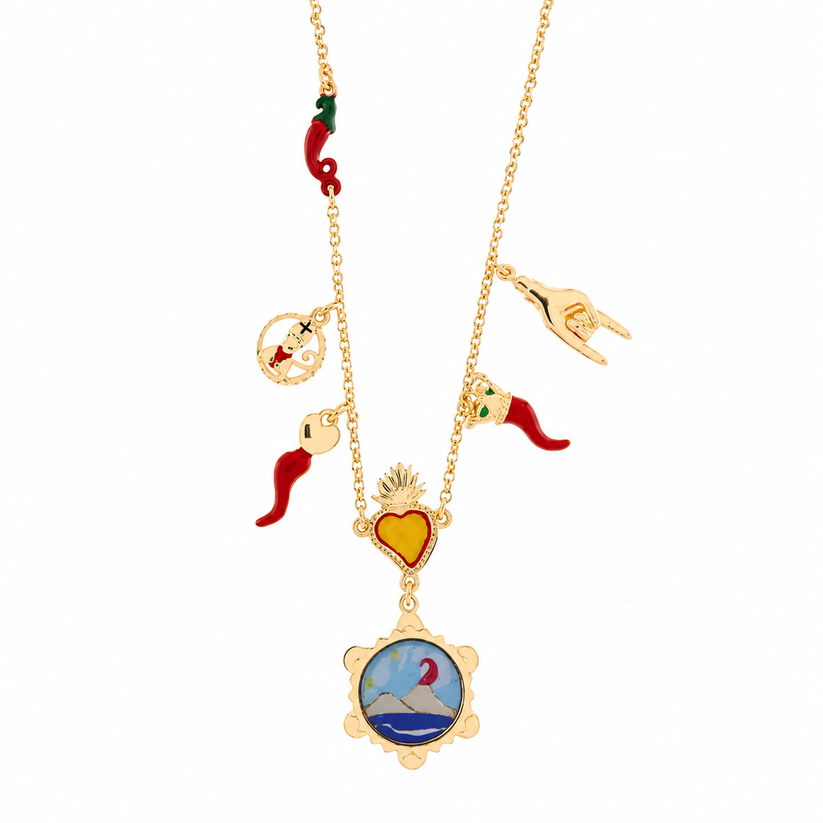 AMO NAPOLI - Collana in Metallo con cornetti, cuore sacro, corna e Vesuvio