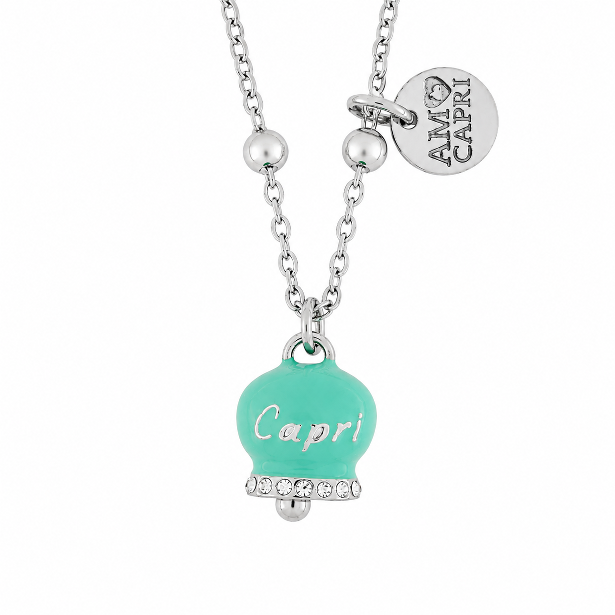 Amo Capri - Collana in Acciaio campanella verde acqua con scritta Capri e zirconi