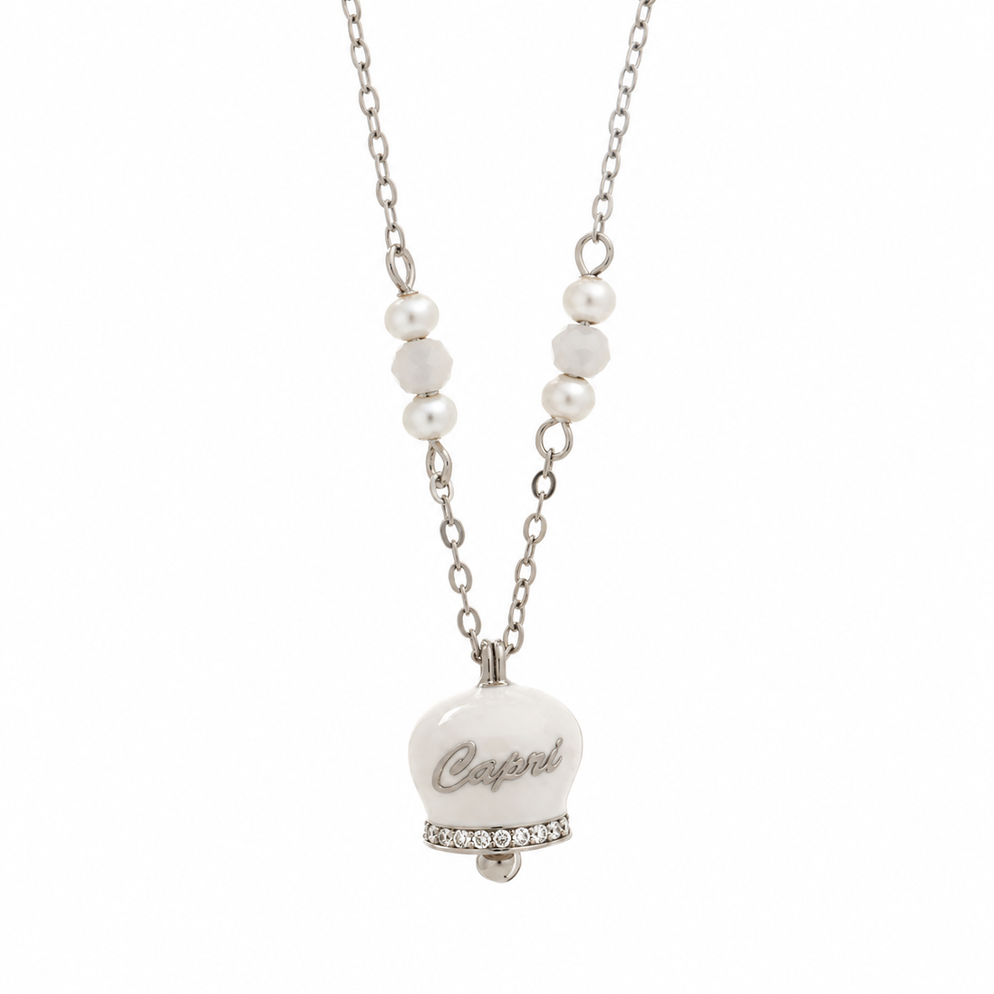 Amo Capri - Collana in argento 925 con campanellino bianco e scritta Capri.