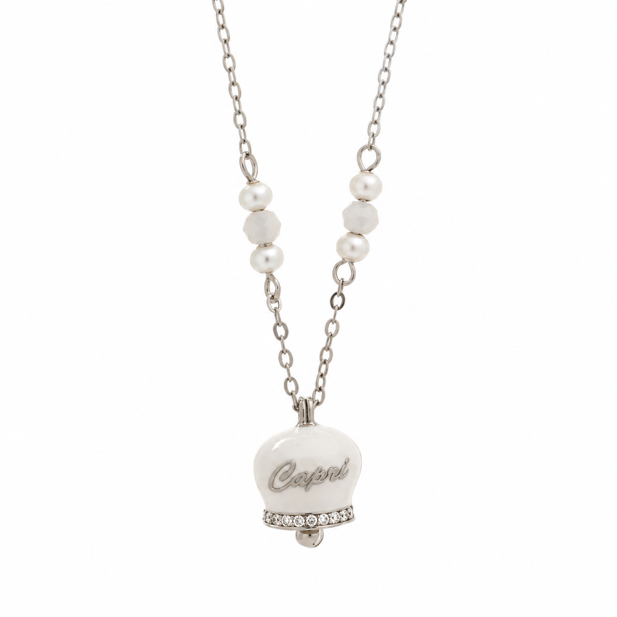 Amo Capri - Collana in argento 925 con campanellino bianco e scritta Capri.