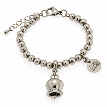 Amo Capri -  Bracciale in Acciaio maglia a sfere con campanella portafortuna e cristalli