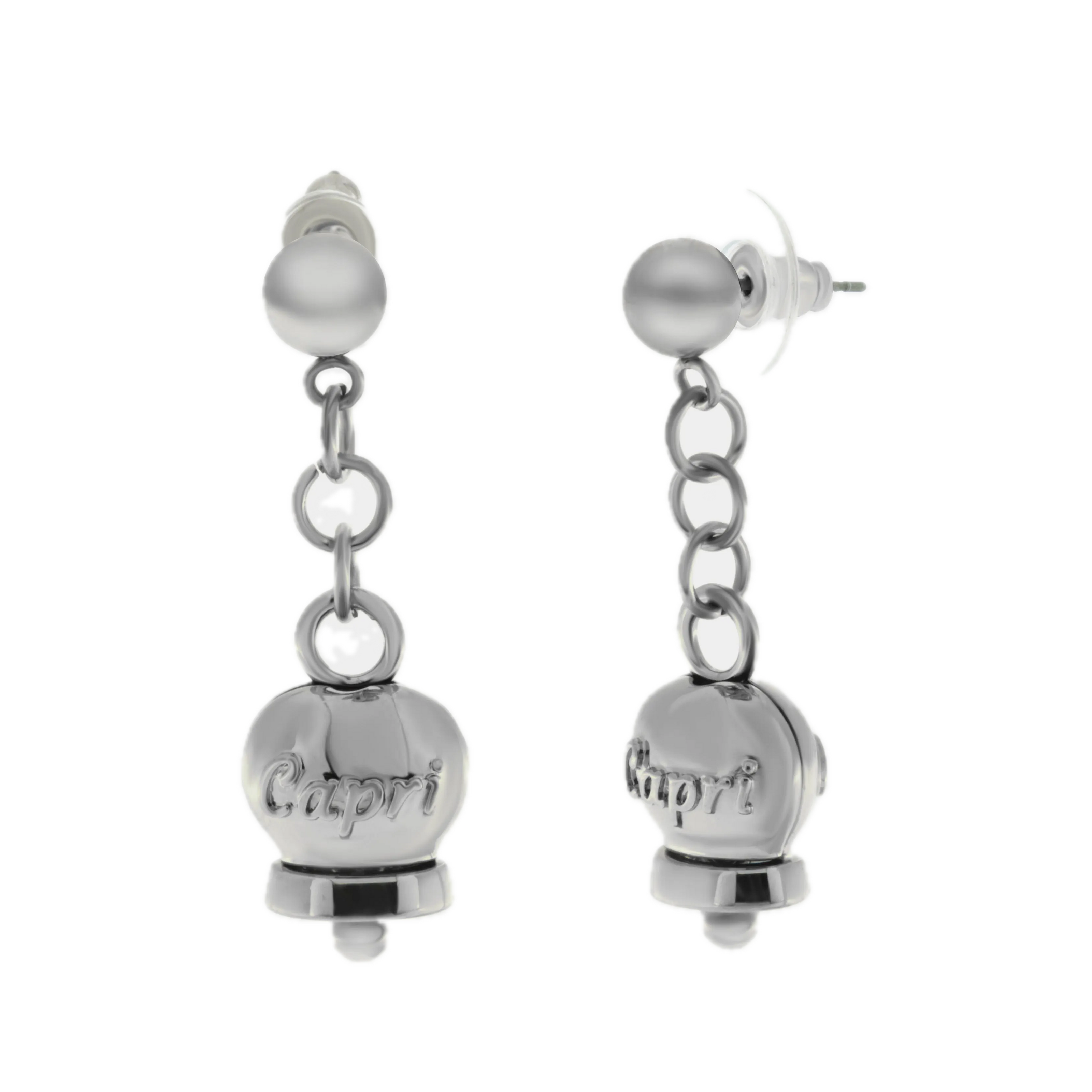 amo CAPRI - Orecchini in Acciaio con campanella pendente con scritta Capri