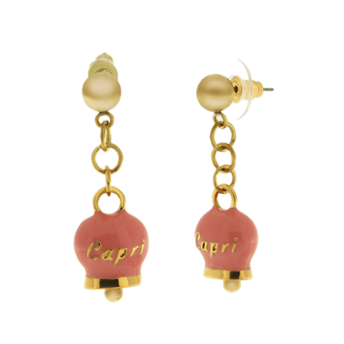 amo capri - Orecchini in Acciaio con campanella pendente rosa con scritta Capri
