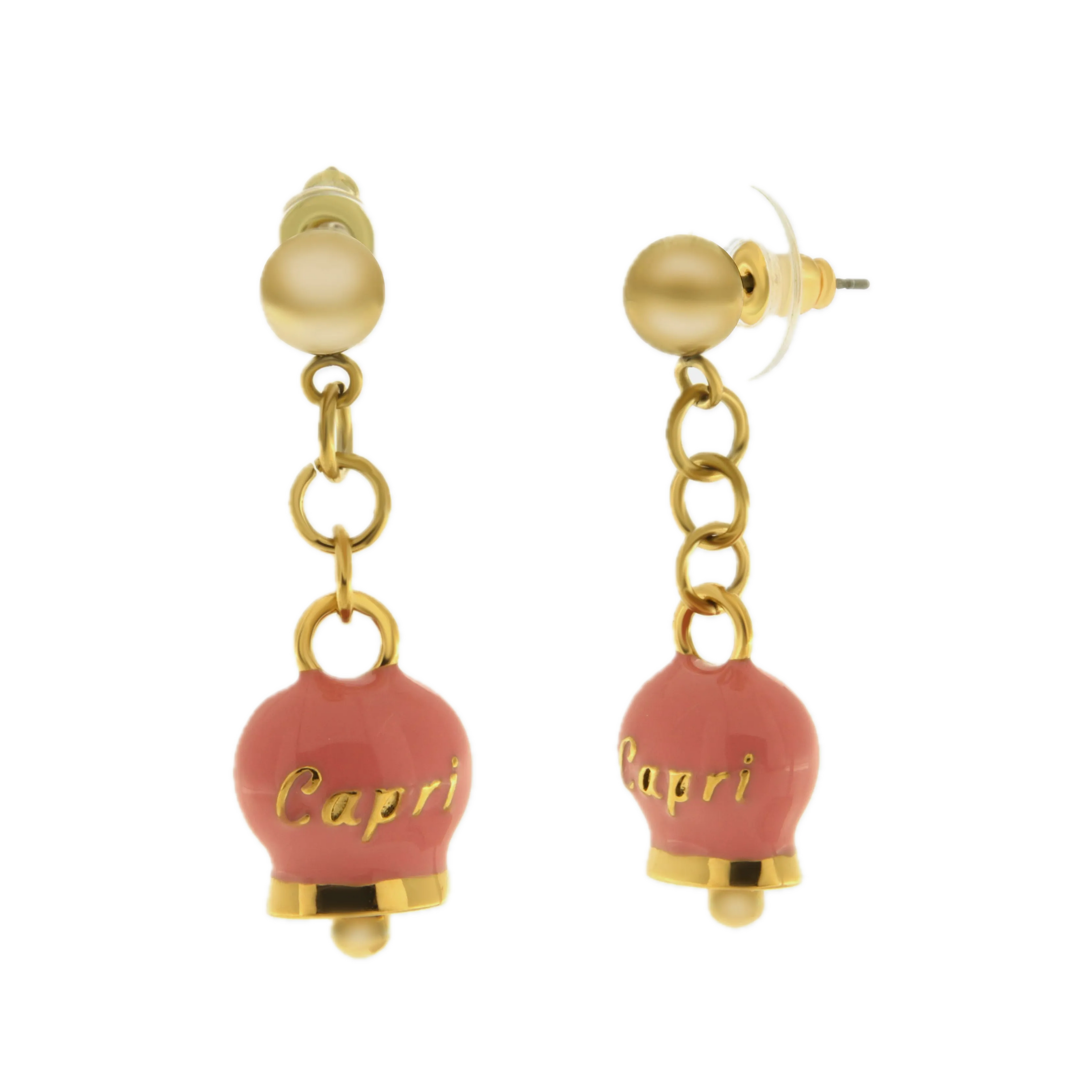 amo capri - Orecchini in Acciaio con campanella pendente rosa con scritta Capri