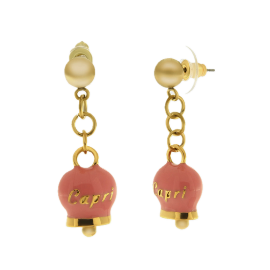amo capri - Orecchini in Acciaio con campanella pendente rosa con scritta Capri