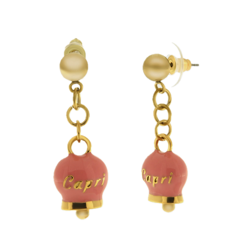 amo capri - Orecchini in Acciaio con campanella pendente rosa con scritta Capri