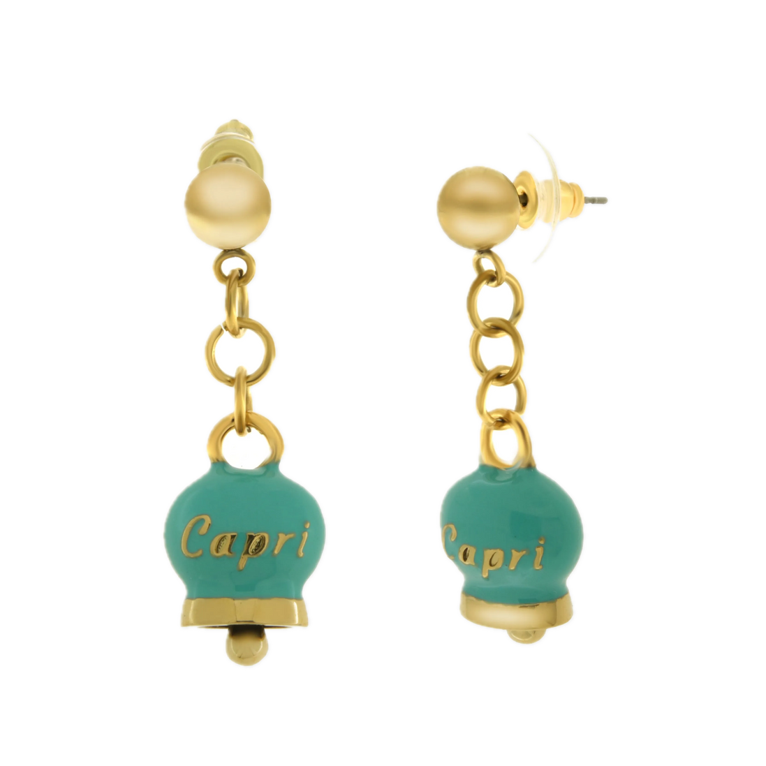 amo capri - Orecchini in Acciaio con campanella pendente verde con scritta Capri