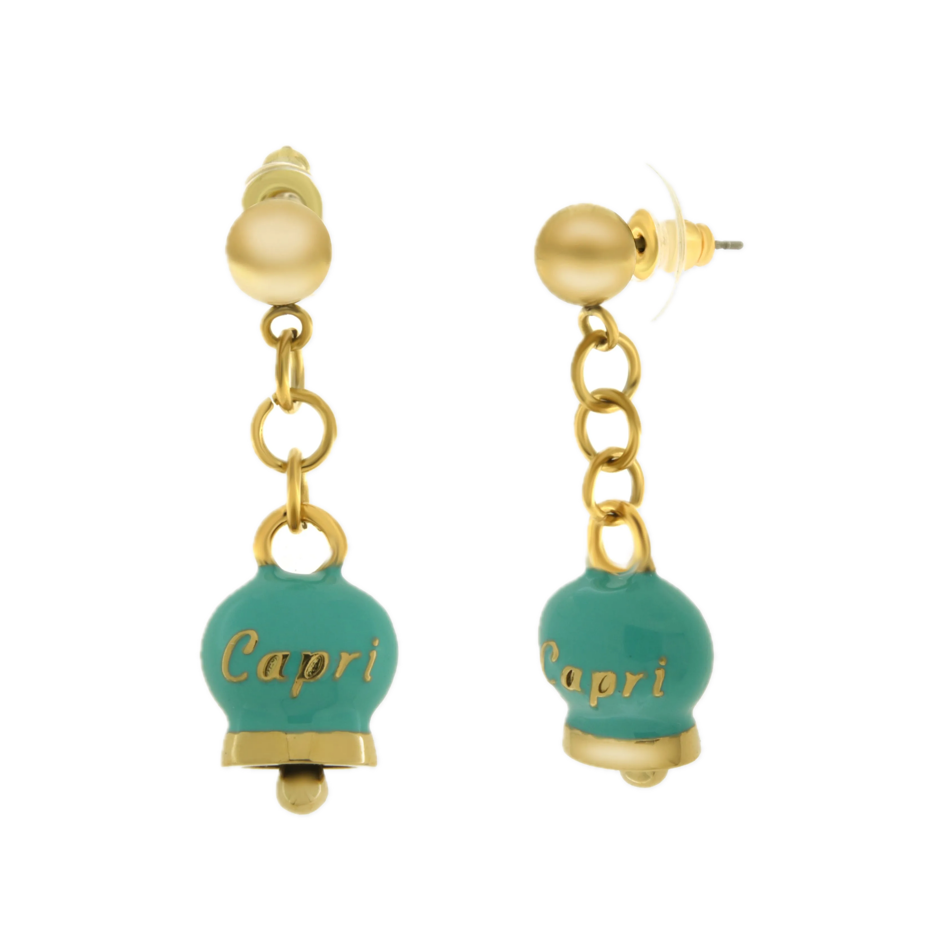 amo capri - Orecchini in Acciaio con campanella pendente verde con scritta Capri
