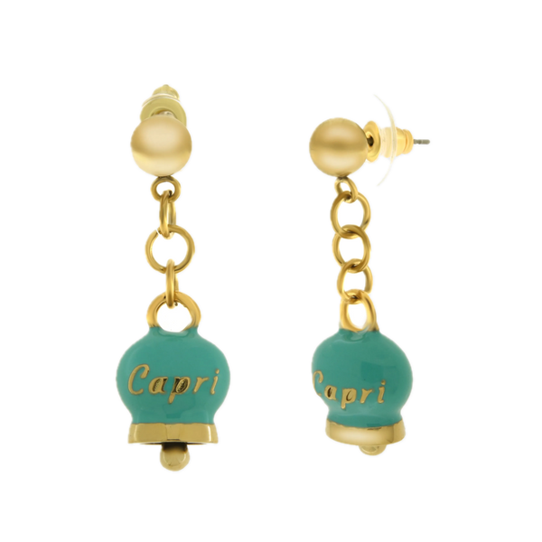 amo capri - Orecchini in Acciaio con campanella pendente verde con scritta Capri