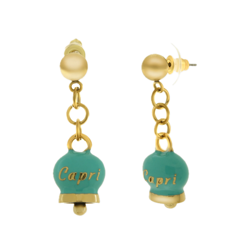 amo capri - Orecchini in Acciaio con campanella pendente verde con scritta Capri