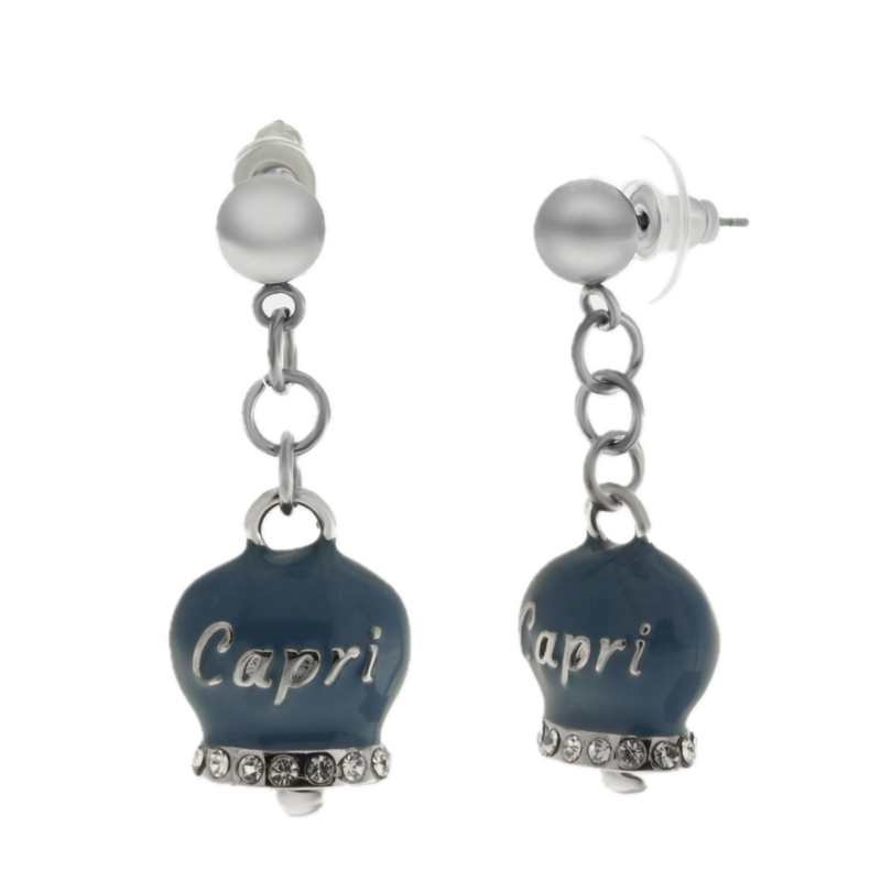 amo capri - Orecchini in Acciaio con campanella blu cobalto con scritta Capri