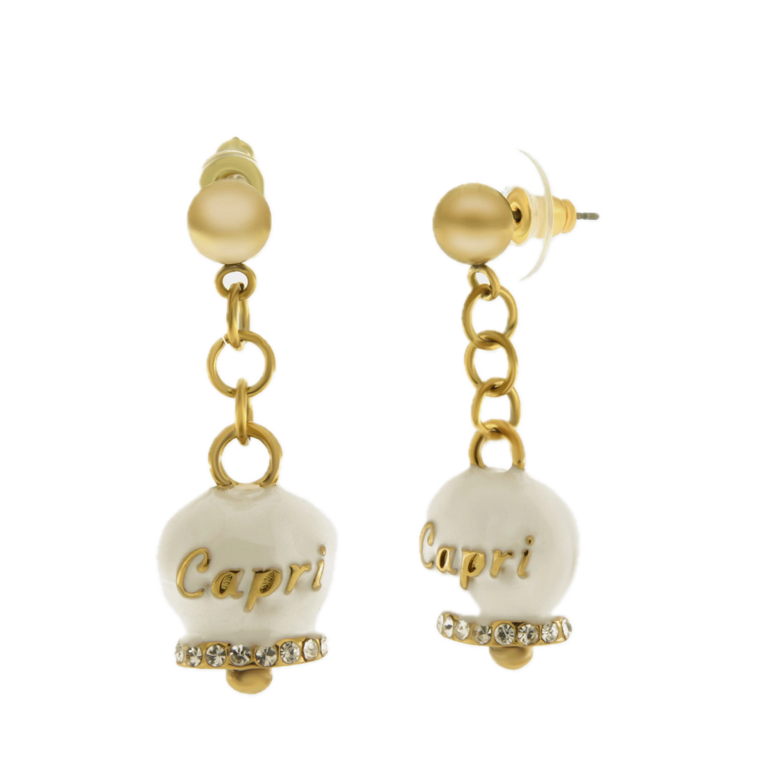 Amo capri - Orecchini in Acciaio con campanella bianca e oro con scritta Capri