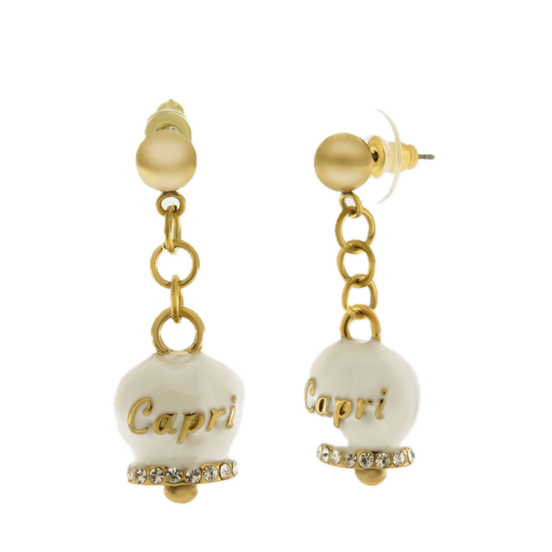 Amo capri - Orecchini in Acciaio con campanella bianca e oro con scritta Capri