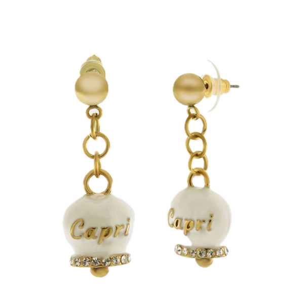 Amo capri - Orecchini in Acciaio con campanella bianca e oro con scritta Capri