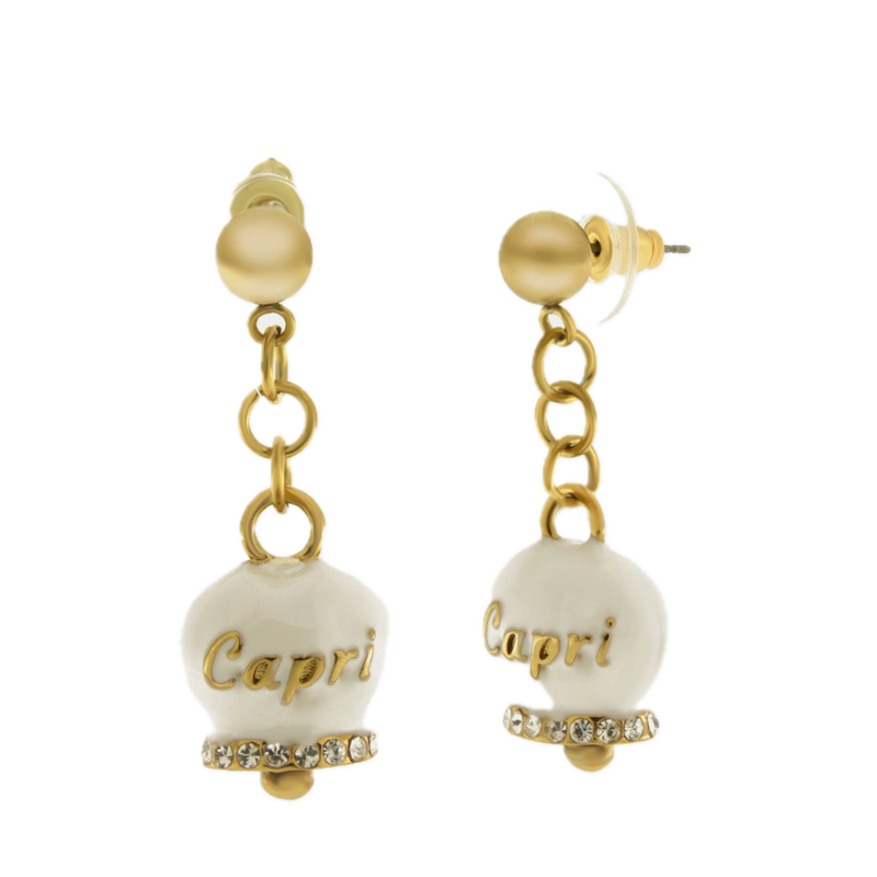 Amo capri - Orecchini in Acciaio con campanella bianca e oro con scritta Capri