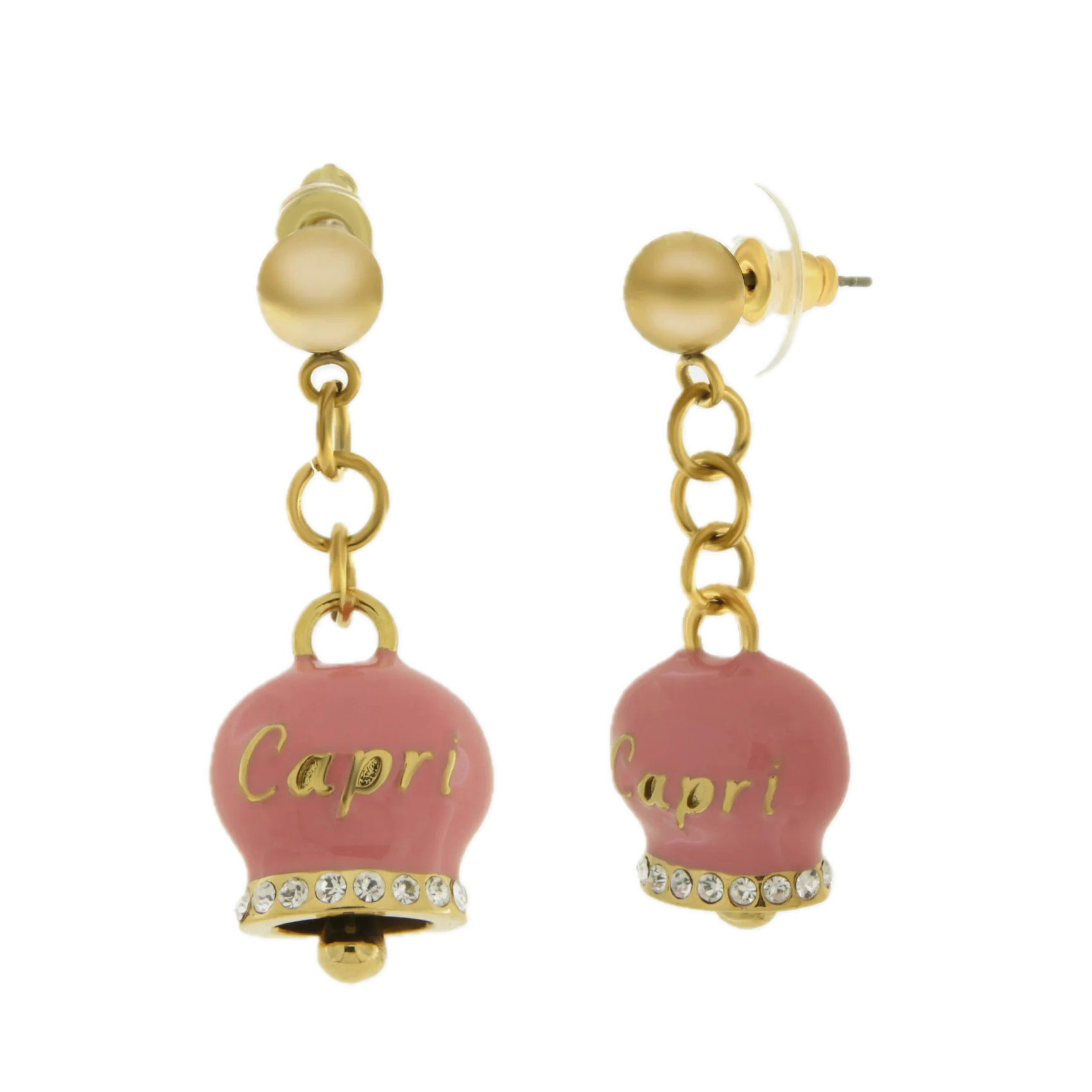 amo capri - Orecchini in Acciaio con campanella rosa con scritta Capri