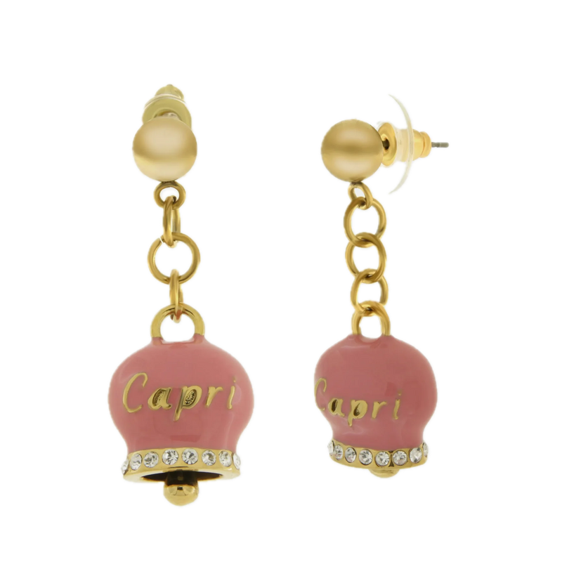 amo capri - Orecchini in Acciaio con campanella rosa con scritta Capri