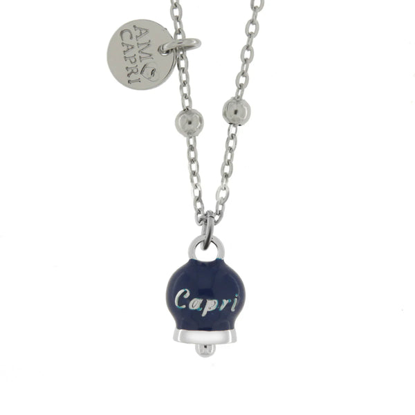 Amo Capri - Collana in Acciaio con campanella pendente blu con scritta Capri