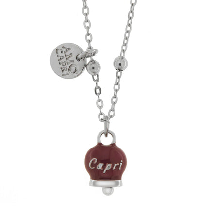 Amo Capri - Collana in Acciaio con campanella pendente borgogna con scritta Capri