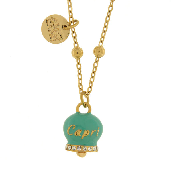 Amo Capri - Collana in Acciaio con campanella verde con scritta Capri