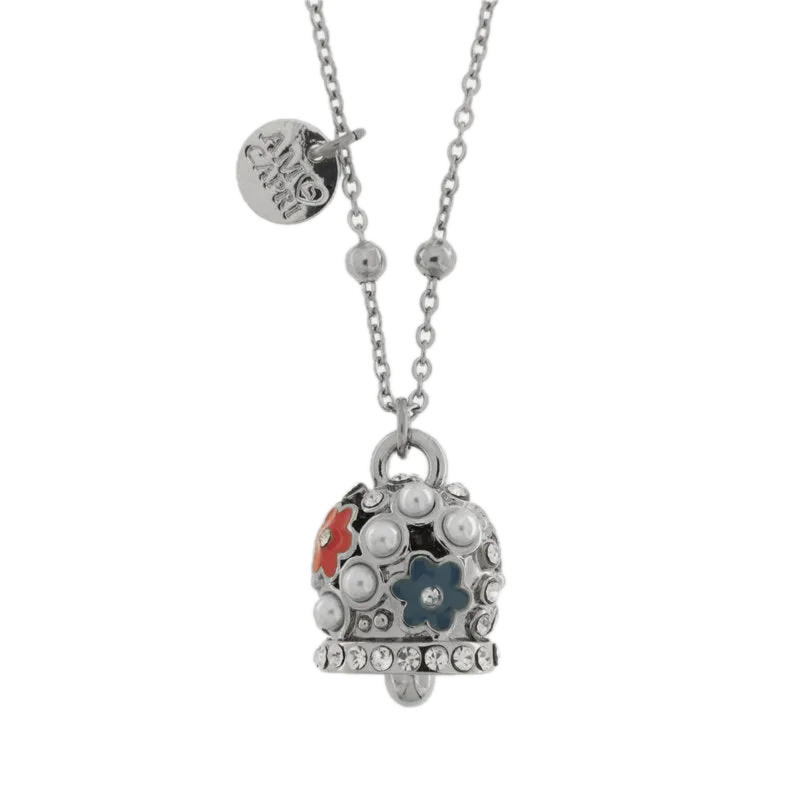 amo capri - Collana in Acciaio campanella con perle e fiori rossi e blu