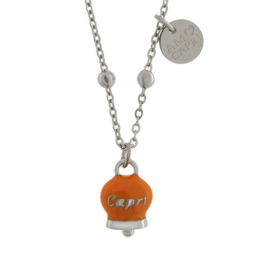 Amo Capri - Collana in Acciaio con Campanella Portafortuna Capri Estate Mediterranea  - Colore Ammanst Orange